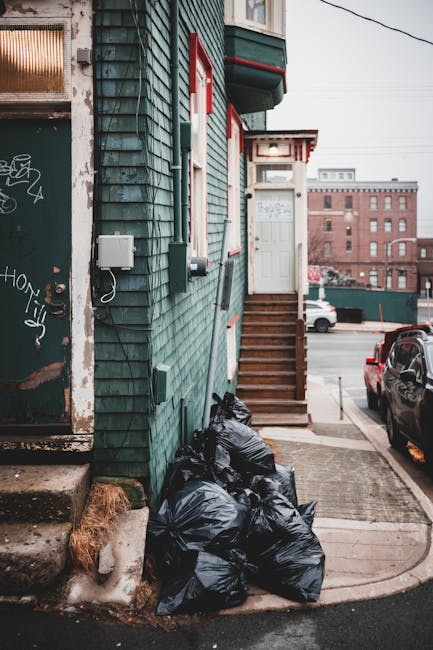 A row of black plastic rubbish bags, filled and tied, are piled against the exterior wall of a residential building on a narrow urban street. The building features weathered green wooden cladding with visible horizontal slats, and red and white trim around the door and window. A small set of brown wooden steps leads up to a white door with a glass panel, situated at the top of an exterior staircase. Adjacent to the bags, there is a concrete doorstep, and in the background, parked cars are visible along the street, with a large brick building further away. The scene is illuminated by natural daylight, and a utility box and electrical wiring are attached to the building’s wall. The setting suggests an informal private rubbish clearance, possibly part of an alternative waste removal arrangement coordinated by Waste Collection Dulwich, situated within a typical urban residential area.